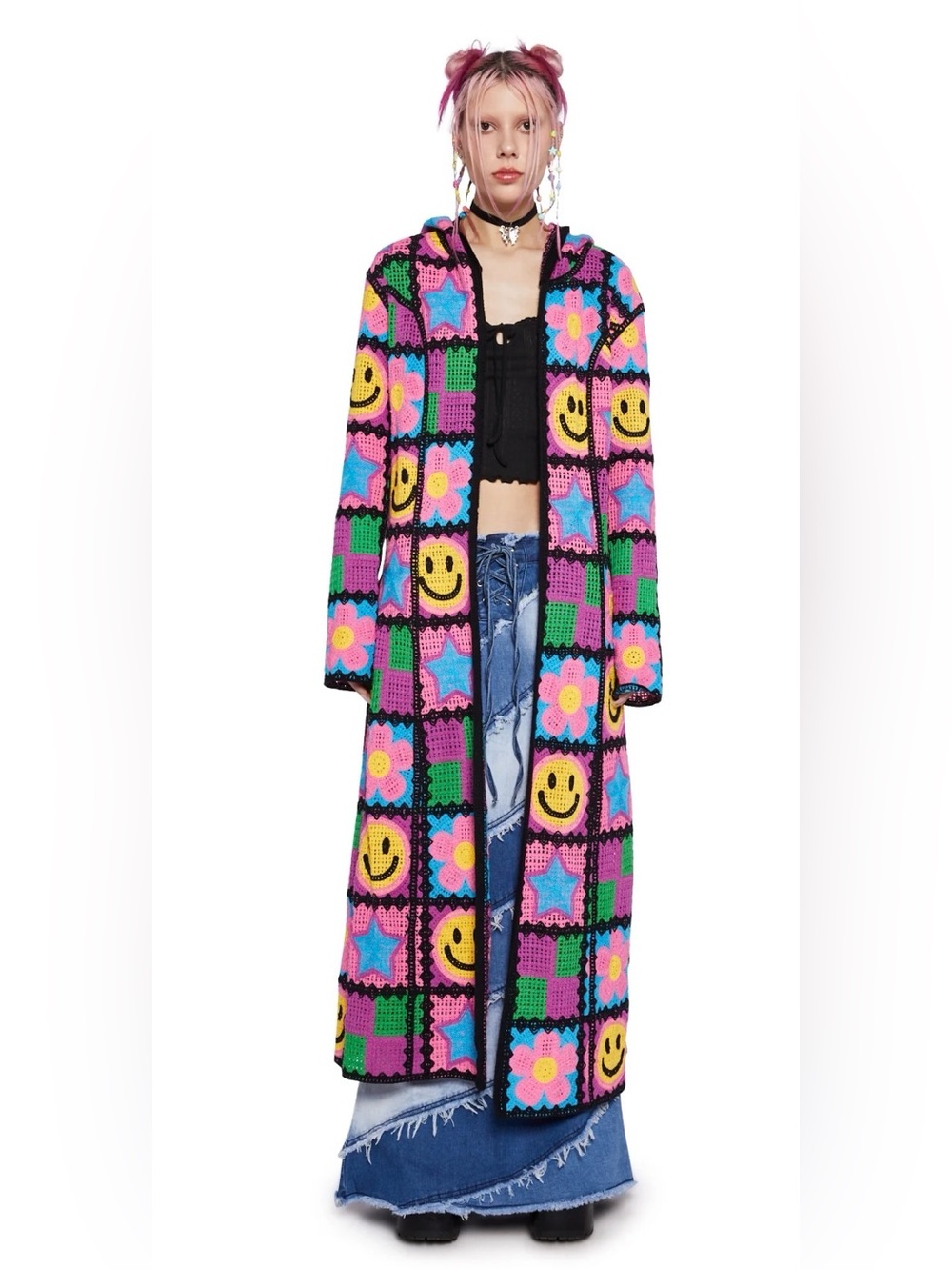 dELiA*s Multicolor Crochet Hooded Cardigan with Smiley & Flower Panels